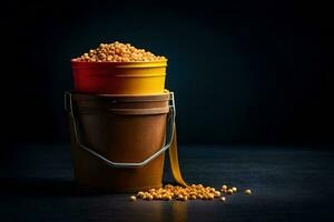 ein Eimer gefüllt mit Gelb Mais Kerne. KI-generiert foto
