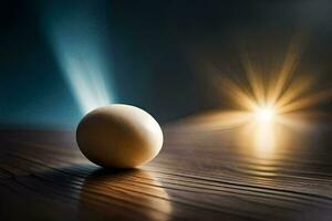 ein Ei auf ein Tabelle mit ein Licht leuchtenden auf Es. KI-generiert foto
