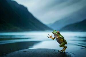 ein Frosch Stehen auf ein Felsen im Vorderseite von ein See. KI-generiert foto