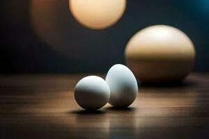 zwei Eier auf ein Tabelle mit ein Licht Birne im das Hintergrund. KI-generiert foto