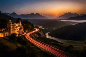 Foto Hintergrund das Himmel, Berge, Straße, Sonnenuntergang, das Stadt, Indien. KI-generiert