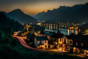 ein Stadt, Dorf beim Nacht mit Beleuchtung auf das Straße. KI-generiert foto