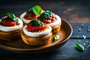 klein Vorspeisen mit Käse und Tomaten auf ein hölzern Platte. KI-generiert foto