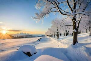 ein schneebedeckt Landschaft mit Bäume und Sonne. KI-generiert foto