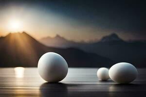 drei Eier sind Sitzung auf ein Tabelle mit ein Berg im das Hintergrund. KI-generiert foto