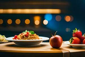 zwei Platten mit Essen auf ein Tisch. KI-generiert foto