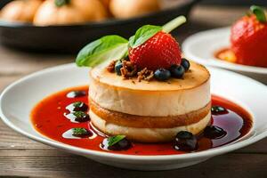 ein Dessert mit Erdbeeren und Blaubeeren auf ein Platte. KI-generiert foto