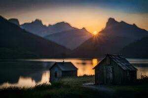 das Sonne setzt hinter ein Kabine und ein See. KI-generiert foto