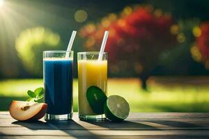 zwei Brille von Saft mit Obst auf ein Tisch. KI-generiert foto