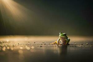 ein Frosch Sitzung auf das Boden im das Sonne. KI-generiert foto