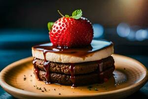 ein Stapel von Pfannkuchen gekrönt mit Erdbeeren. KI-generiert foto