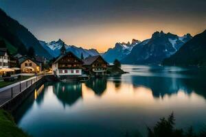 ein See und Berg Dorf beim Sonnenuntergang. KI-generiert foto