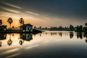 ein Haus auf das Wasser mit Palme Bäume im das Hintergrund. KI-generiert foto