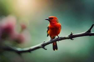 ein rot Vogel Sitzung auf ein Ast. KI-generiert foto