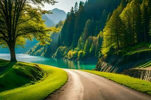 ein Straße führen zu ein See umgeben durch Bäume. KI-generiert foto