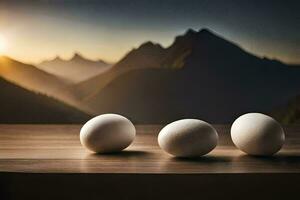 drei Eier auf ein Tabelle im Vorderseite von Berge. KI-generiert foto