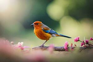 ein bunt Vogel ist Sitzung auf ein Ast mit Rosa Blumen. KI-generiert foto