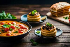 ein Schüssel von Suppe mit Brot und ein Teller von Sandwiches. KI-generiert foto