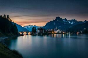 ein See und Berge beim Sonnenuntergang. KI-generiert foto