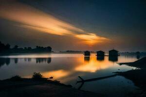 ein See mit ein Haus auf das Ufer beim Sonnenuntergang. KI-generiert foto