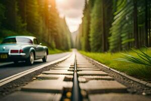 ein Auto Fahren Nieder ein Straße im das Wald. KI-generiert foto