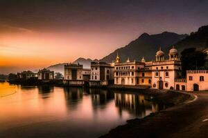 das Sonnenuntergang Über das See im Udaipur, Indien. KI-generiert foto