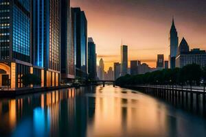 ein Fluss läuft durch ein Stadt beim Sonnenuntergang. KI-generiert foto