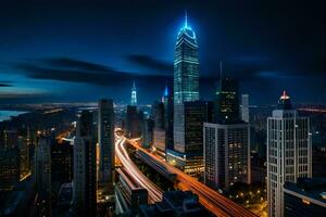 das Stadt Horizont beim Nacht mit der Verkehr Beleuchtung. KI-generiert foto