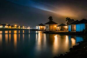Foto Hintergrund das Nacht, Wasser, Boote, Häuser, das Nebel, das See, das Stadt. KI-generiert