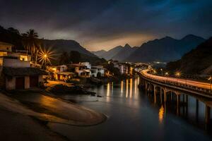 ein Brücke Über ein Fluss beim Nacht mit Berge im das Hintergrund. KI-generiert foto