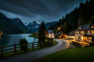 Foto Hintergrund das Himmel, Berge, See, Haus, Straße, Nacht, See, Haus,. KI-generiert