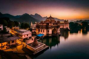 das Sonnenuntergang Über das See im Indien. KI-generiert foto