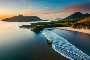 ein schön Strand und Berge beim Sonnenuntergang. KI-generiert foto