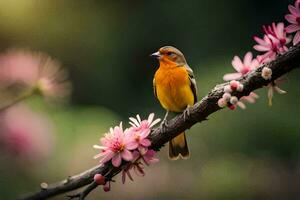 ein Vogel sitzt auf ein Ast mit Rosa Blumen. KI-generiert foto