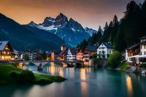 Foto Hintergrund Berge, Fluss, Stadt, Brücke, Haus, Haus, Haus, Haus, Haus. KI-generiert