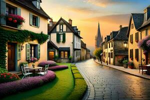 ein Straße im Frankreich mit Blumen und ein Kirche. KI-generiert foto