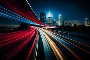 ein Stadt Horizont beim Nacht mit Licht Wanderwege. KI-generiert foto