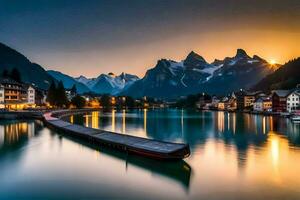 ein Boot Dock im das Mitte von ein See beim Sonnenuntergang. KI-generiert foto