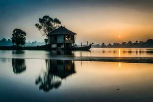 ein Haus auf das Wasser beim Sonnenuntergang. KI-generiert foto