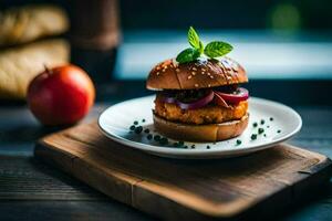 ein Hamburger mit Zwiebeln und Tomaten auf ein Platte. KI-generiert foto