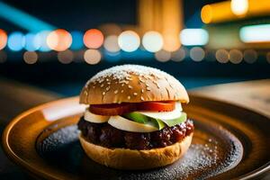 ein Hamburger ist Sitzung auf ein Teller mit ein Stadt Sicht. KI-generiert foto