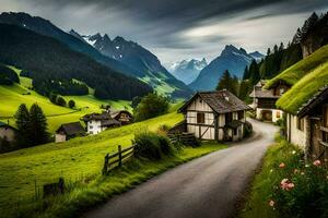 ein Straße führen zu ein klein Dorf im das Berge. KI-generiert foto