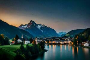 ein Stadt, Dorf sitzt auf das Kante von ein See umgeben durch Berge. KI-generiert foto