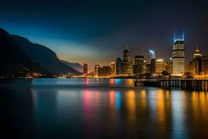 das Stadt Beleuchtung sind reflektiert im das Wasser beim Nacht. KI-generiert foto