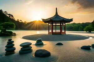das japanisch Garten beim das Kyoto International Garten. KI-generiert foto