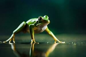 ein Frosch ist Stehen auf ein nass Oberfläche. KI-generiert foto