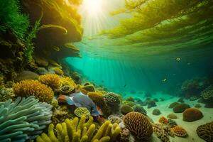 das Sonne scheint Über ein Koralle Riff und Anemonen. KI-generiert foto