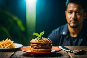 ein Mann sitzt beim ein Tabelle mit ein Burger und Fritten. KI-generiert foto