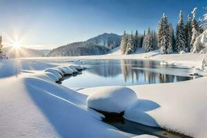 ein schneebedeckt Landschaft mit ein Fluss und Bäume. KI-generiert foto