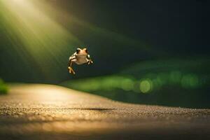 ein Frosch Springen im das Luft auf ein Straße. KI-generiert foto